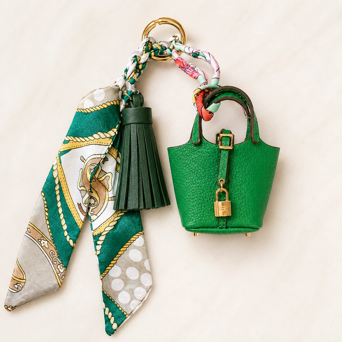 A small green handbag-shaped keychain charm with a gold padlock and a matching green tassel, attached to a patterned silk scarf and gold ring, on a light marble background.