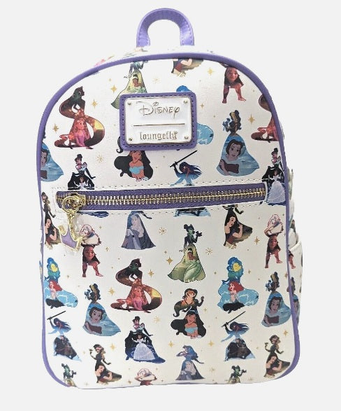 Loungefly Disney Princess All Over Print Mini Backpack White Purple Trim NWT