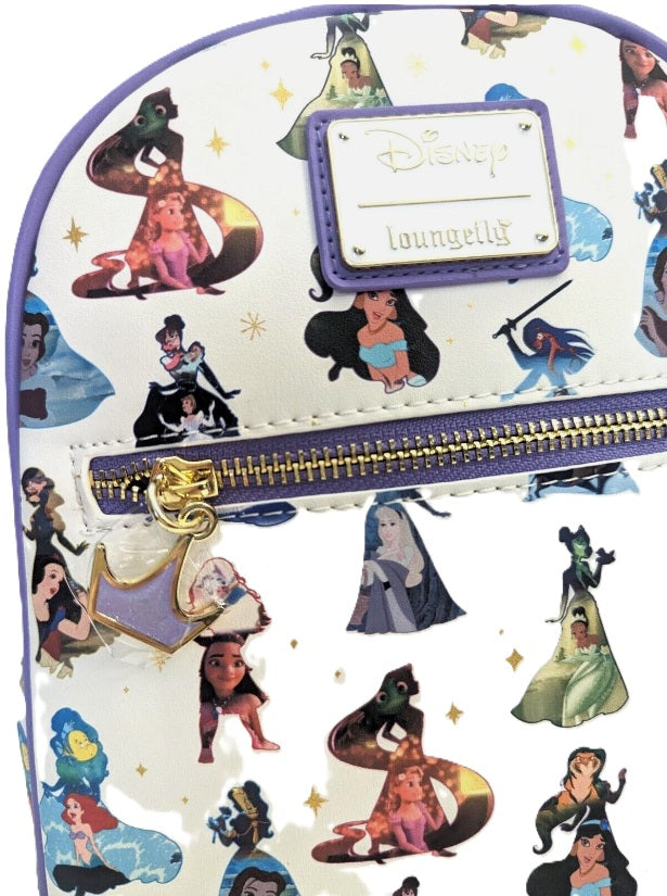 Loungefly Disney Princess All Over Print Mini Backpack White Purple Trim NWT