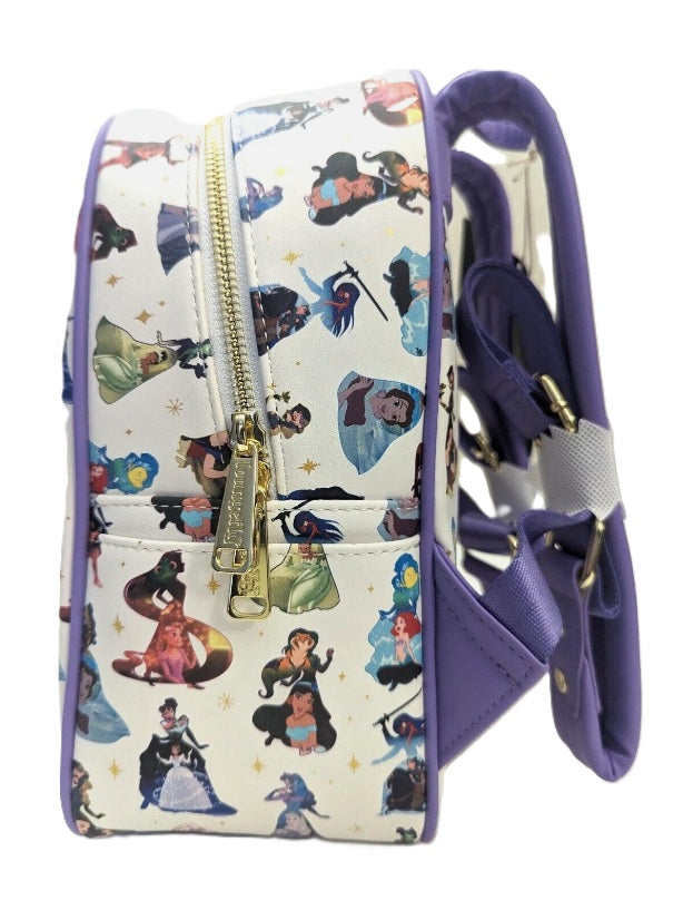 Backpack with Disney character pattern and purple accents on a white background