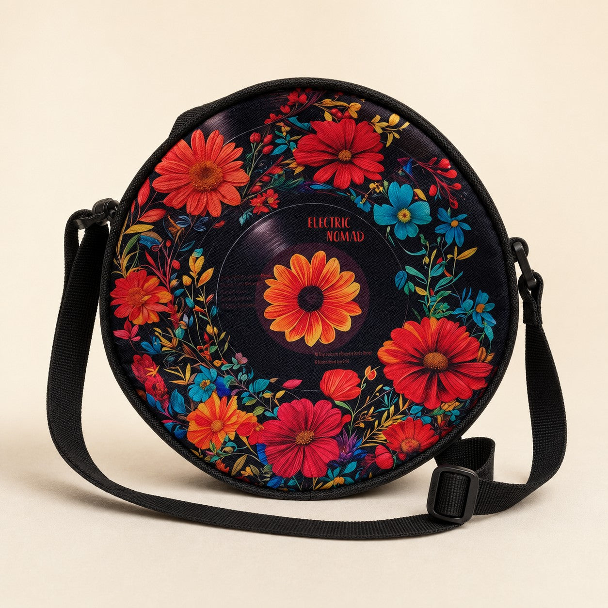 Floral Vinyl Record Crossbody Purse Round Retro Boho Music Lover Bag