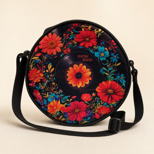 Floral Vinyl Record Crossbody Purse Round Retro Boho Music Lover Bag
