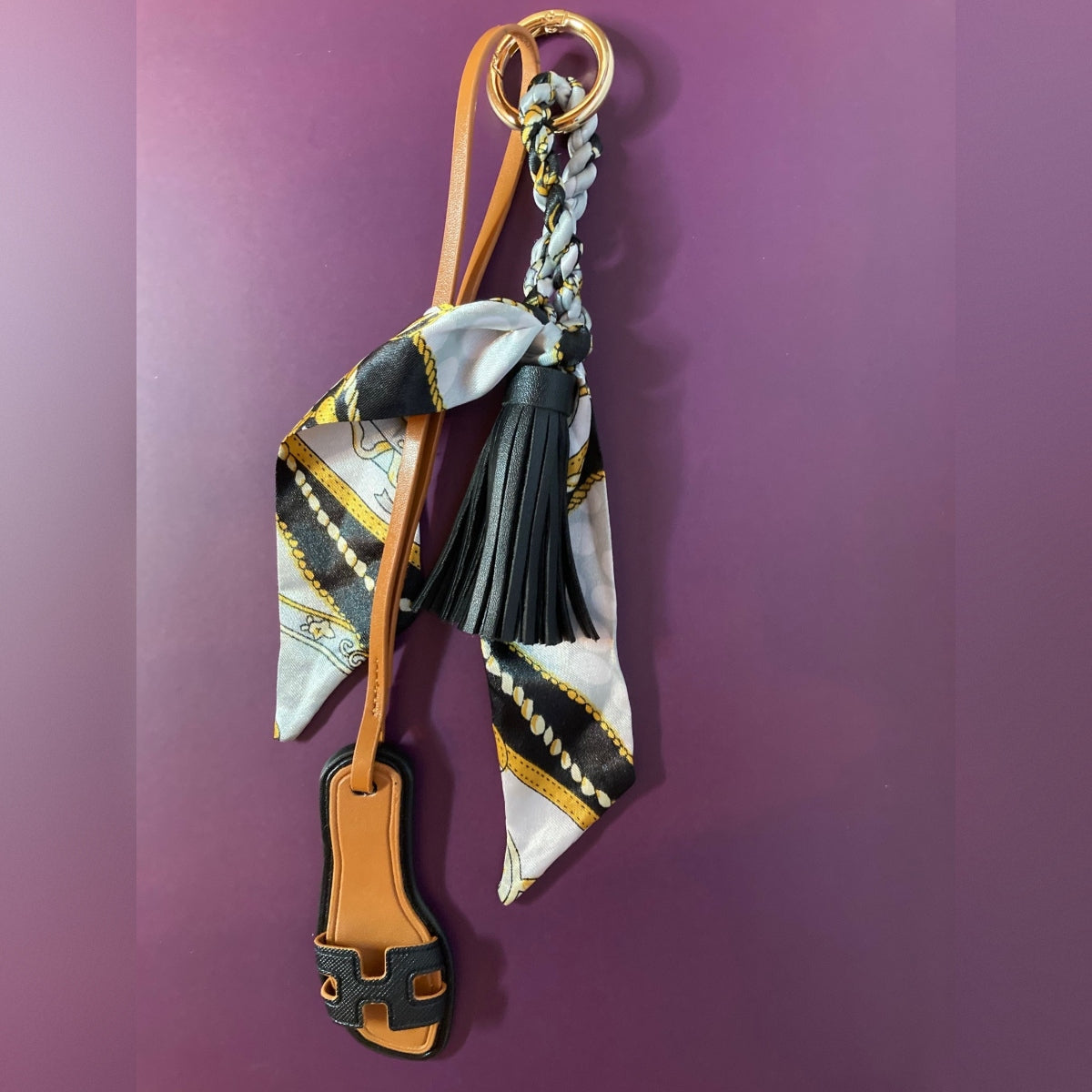 Handmade Classic Black Resort Sandal & Silky Scarf Luxury Bag Charm