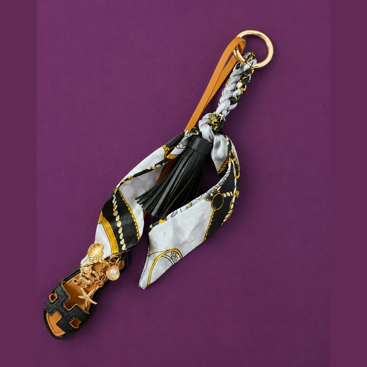 Handmade Nautical Black Resort Sandal & Silky Scarf Luxury Bag Charm with Sea Dangles