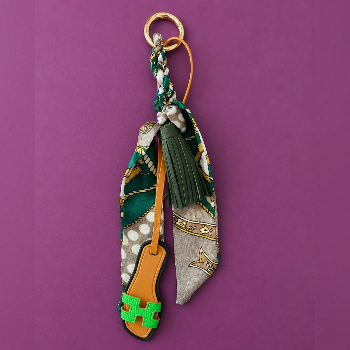 Handmade Lime Green Resort Sandal & Silky Scarf Luxury Bag Charm
