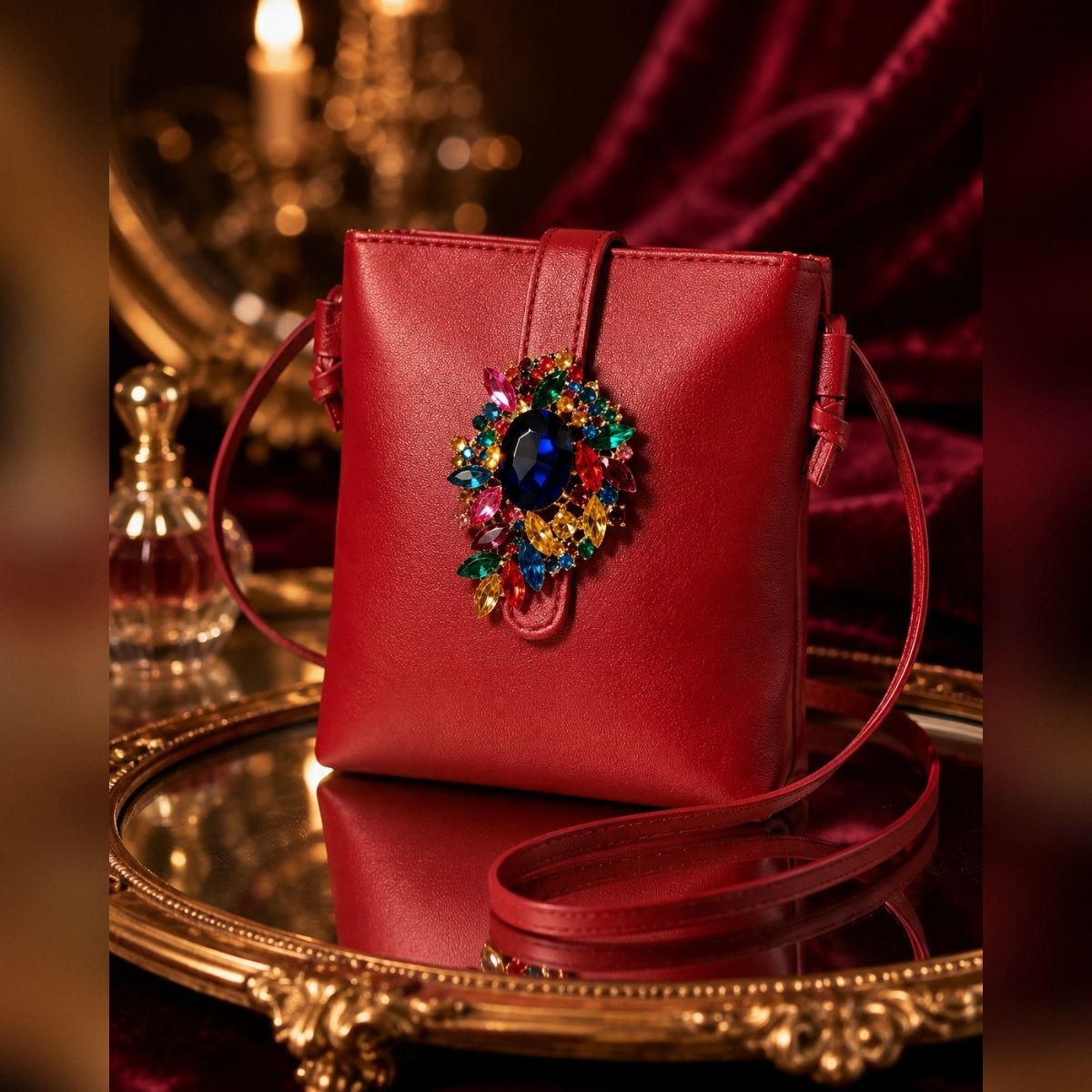 Red Jeweled Crossbody, Vintage Vibe, Hand Embellished Evening Purse