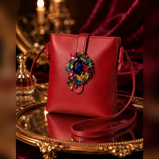 Red Jeweled Crossbody, Vintage Vibe, Hand Embellished Evening Purse