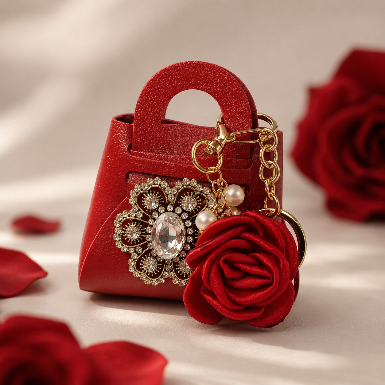 Rose Purse Keychain, Faux Leather Mini Handbag, Floral Bag Charm, Jeweled Accessory