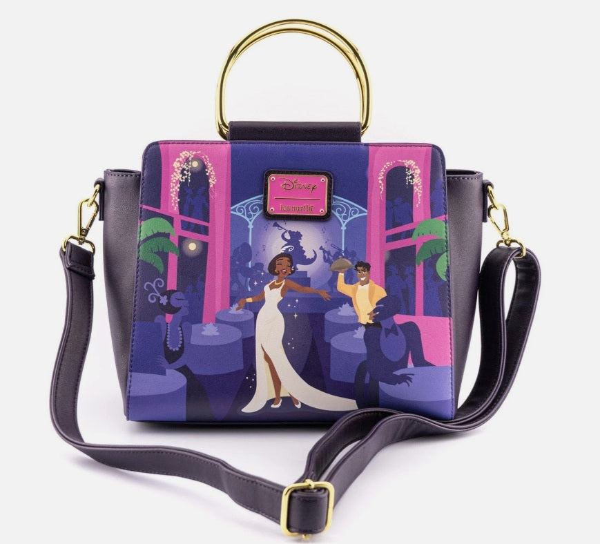 Loungefly Disney Princess and the Frog Tiana’s Place Top Handle Crossbody Bag NWT Faux Leather Purple