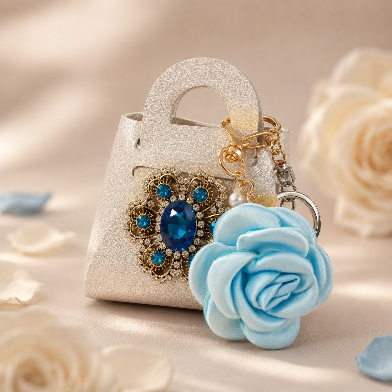 Rose Purse Keychain, Faux Leather Mini Handbag, Floral Bag Charm, Jeweled Accessory