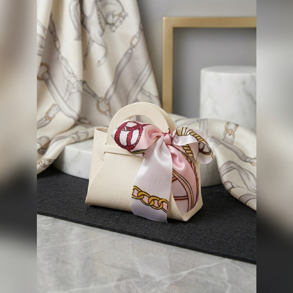 Mini Purse Bag Charm, Faux Leather Handbag Keychain, Silky Scarf Bow Accessory