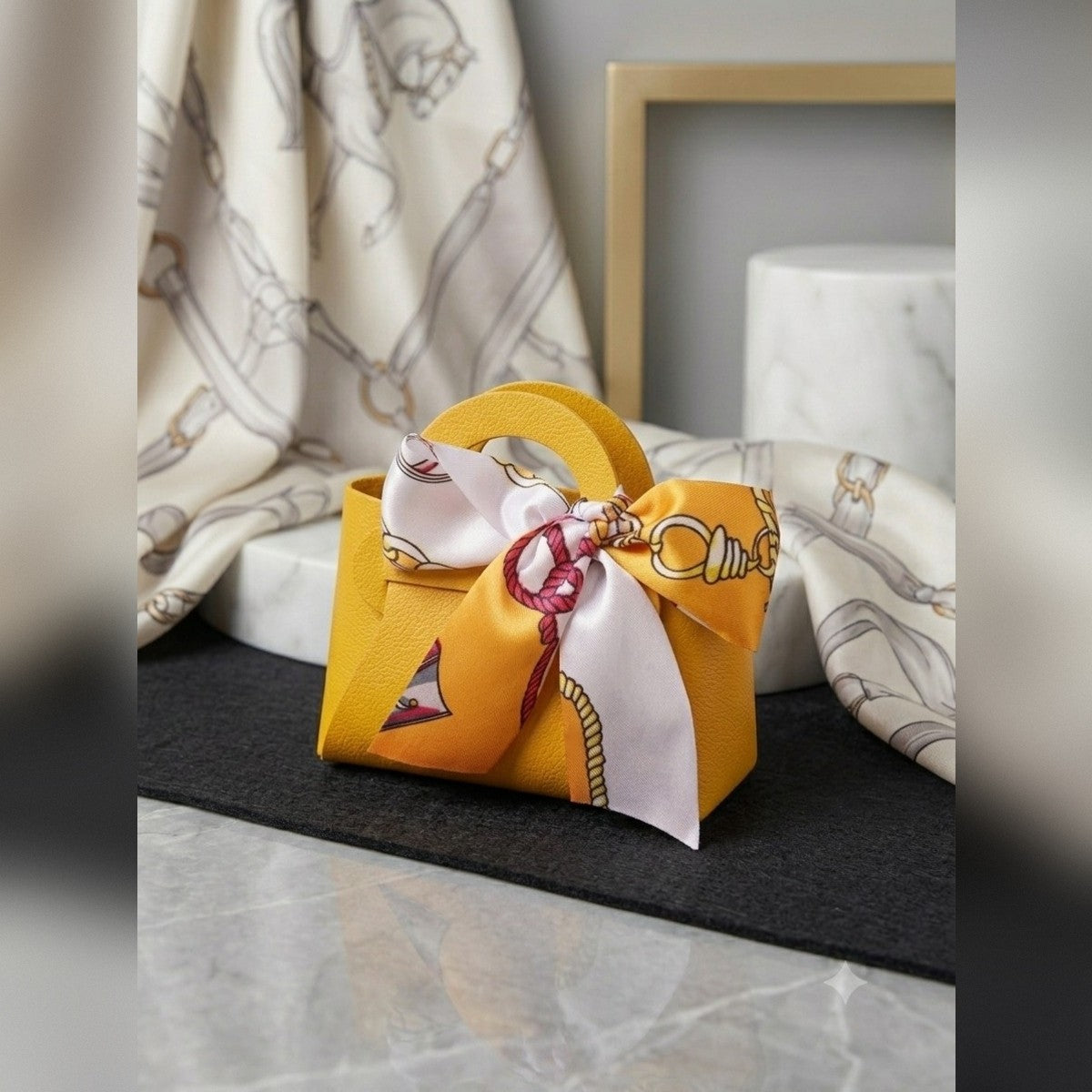 Mini Purse Bag Charm, Faux Leather Handbag Keychain, Silky Scarf Bow Accessory