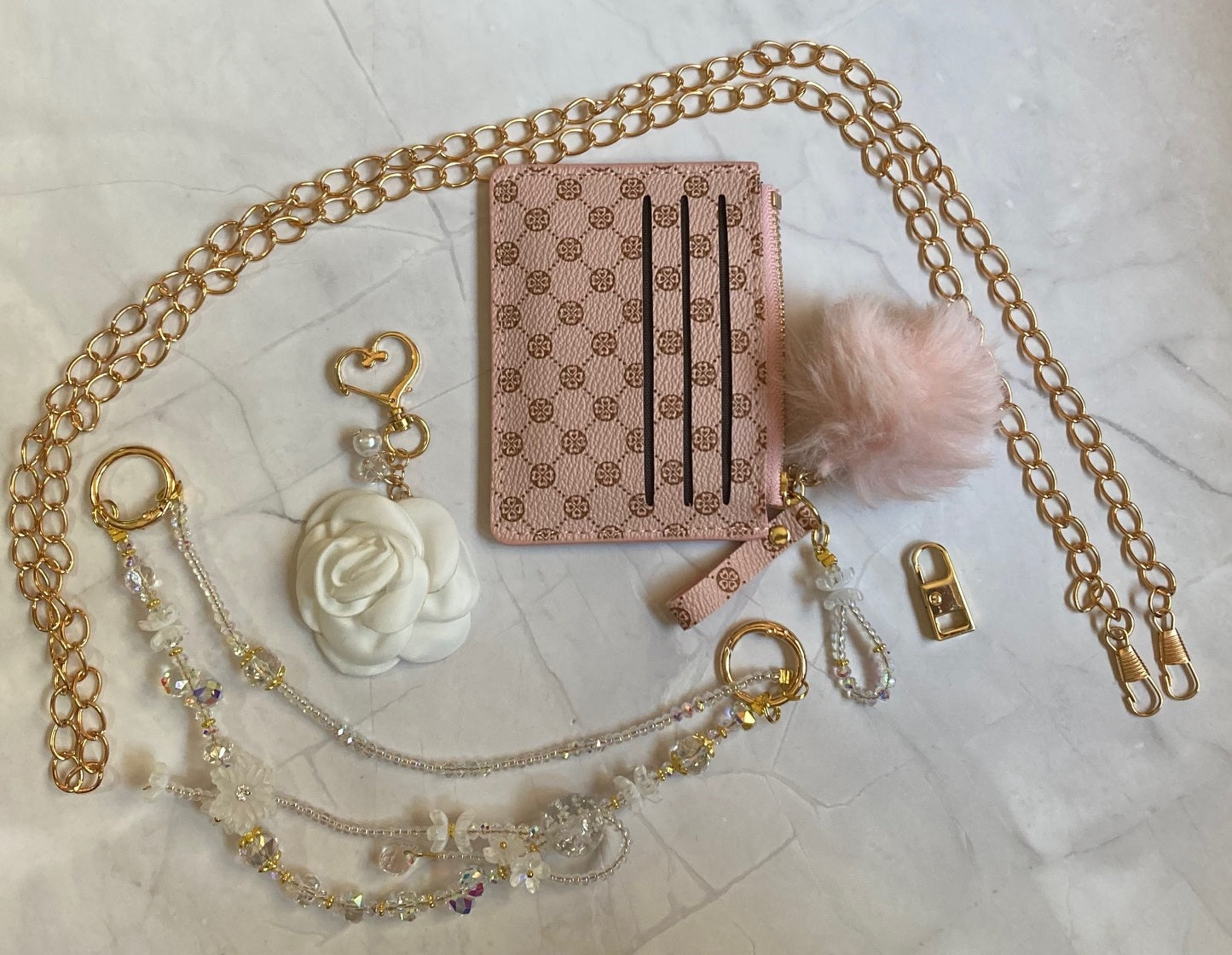 Pink Barrel Handbag Set with Matching Mini Wallet and Handmade Beaded Purse Necklace