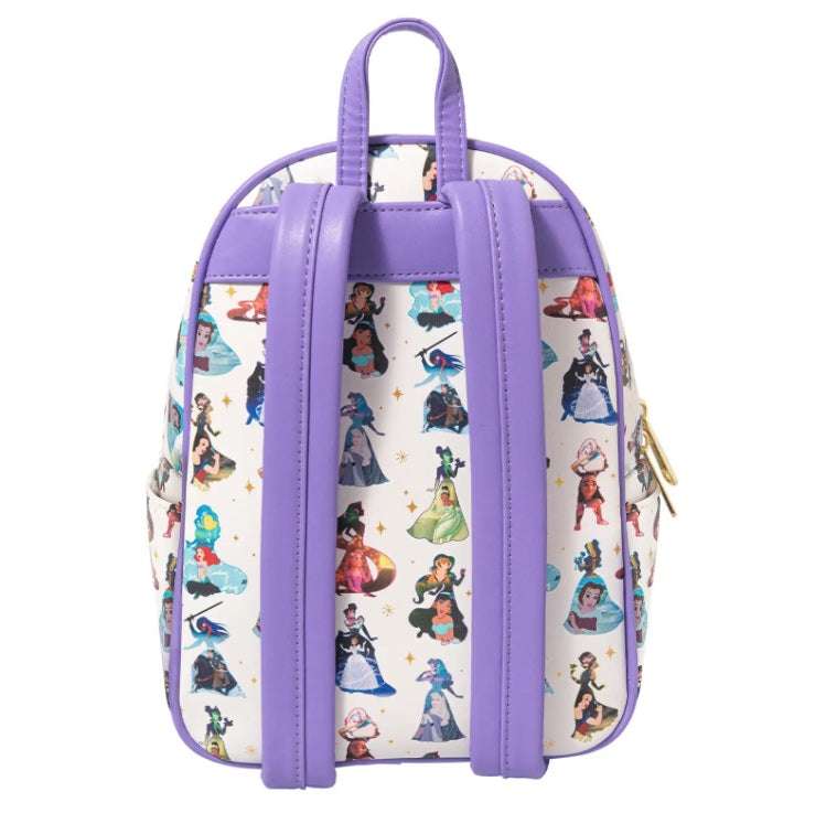 Loungefly Disney Princess All Over Print Mini Backpack White Purple Trim NWT
