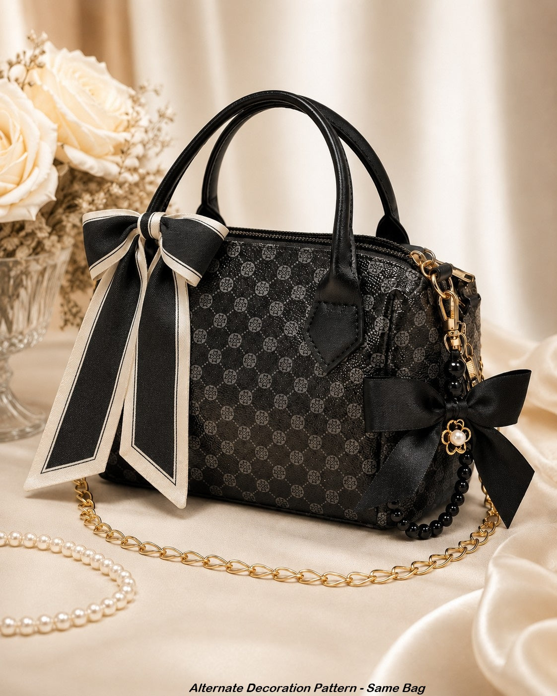 Black Patterned Barrel Crossbody Purse Cream Scarf Pearl Loop Golden Chain
