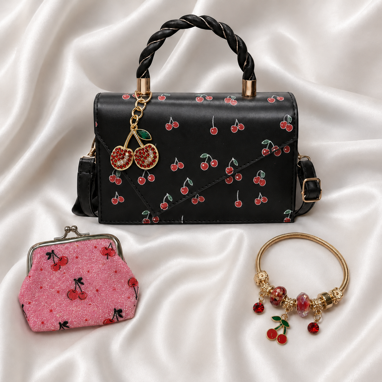 Rockabilly Cherry Print Purse Set Faux Leather Crossbody Bag Multi Piece Bundle