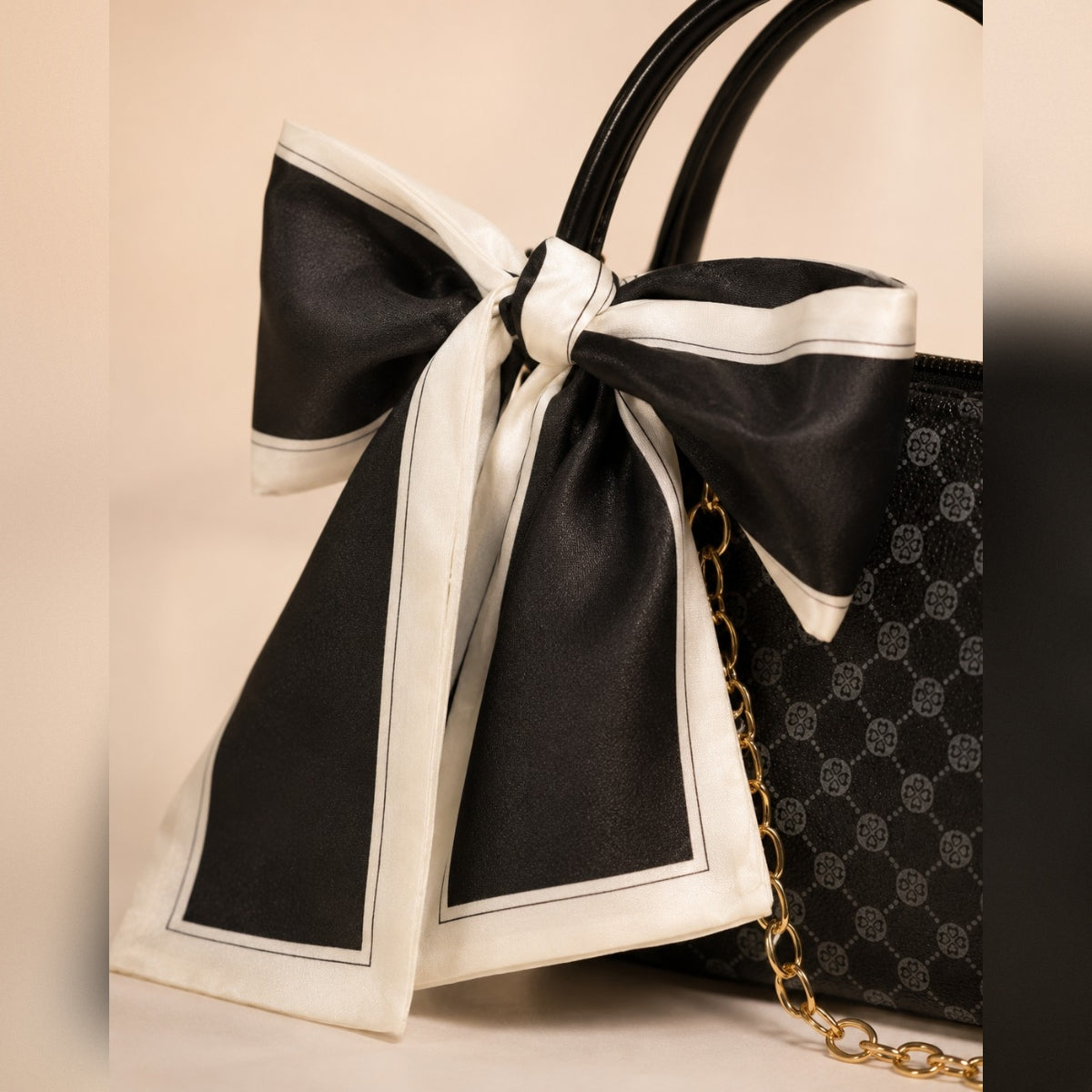 Black Patterned Barrel Crossbody Purse Cream Scarf Pearl Loop Golden Chain