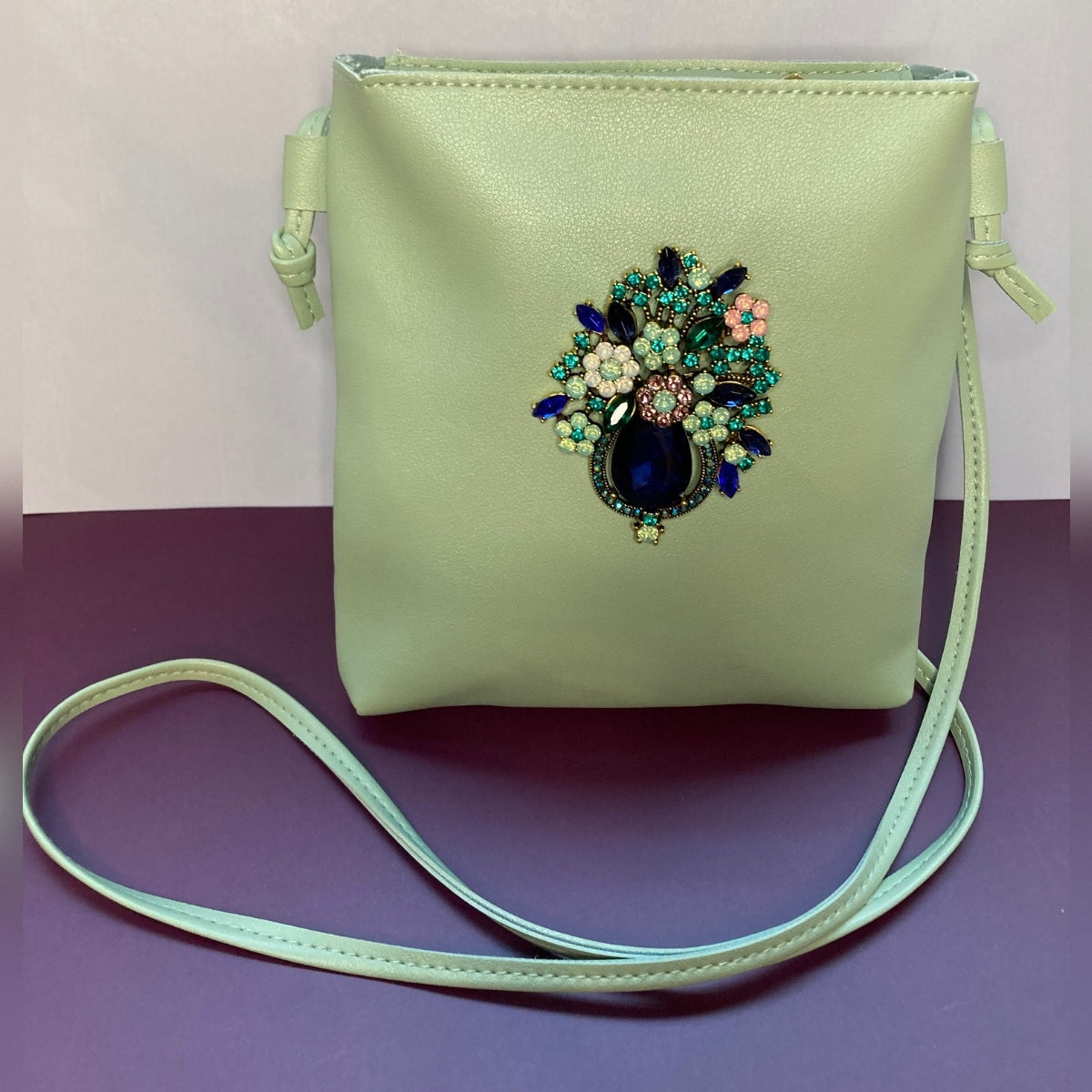 Mint Green Jeweled Crossbody, Vintage Vibe, Hand Embellished Purse, discounted