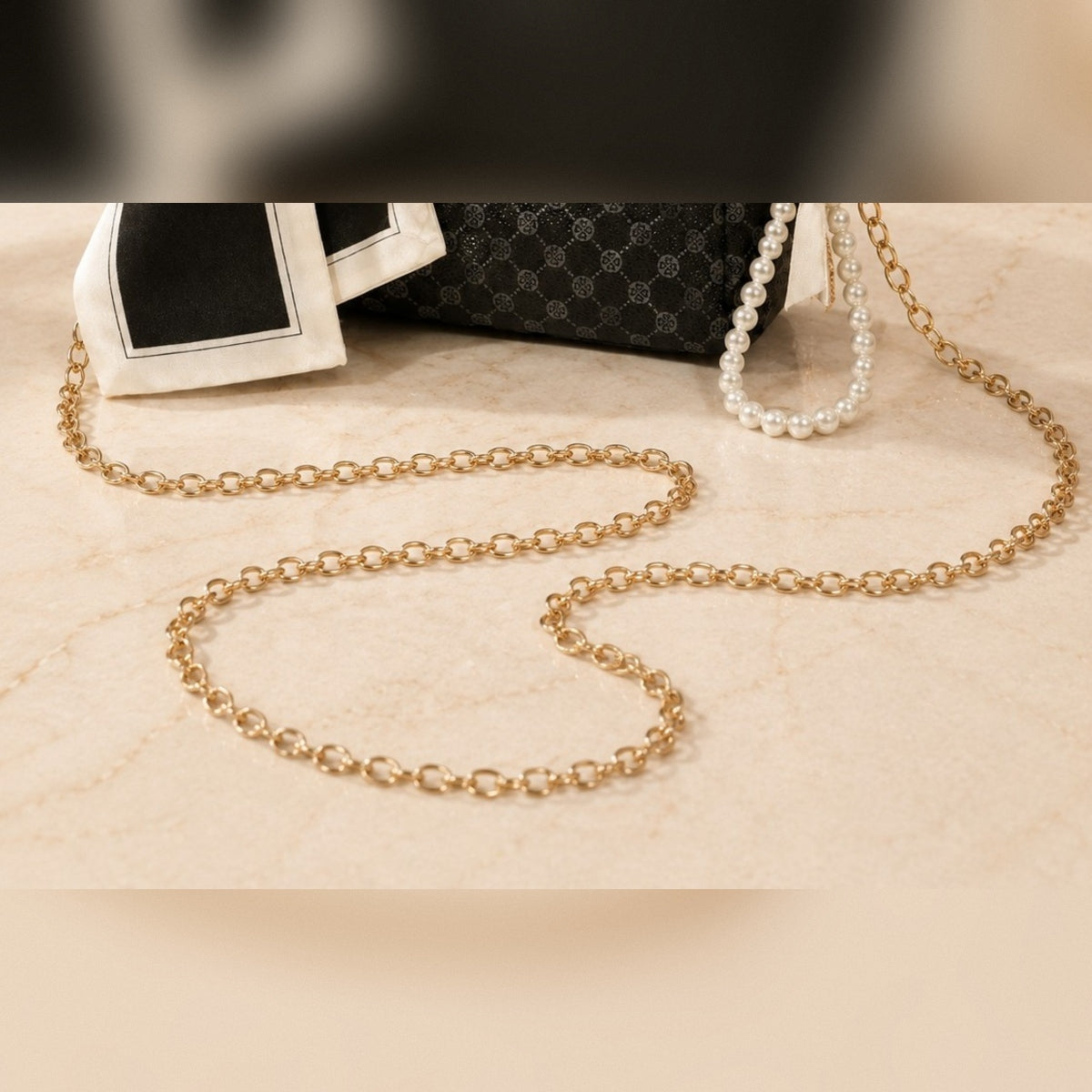 Black Patterned Barrel Crossbody Purse Cream Scarf Pearl Loop Golden Chain