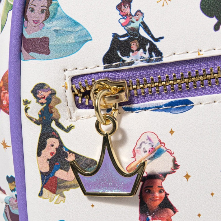 Loungefly Disney Princess All Over Print Mini Backpack White Purple Trim NWT