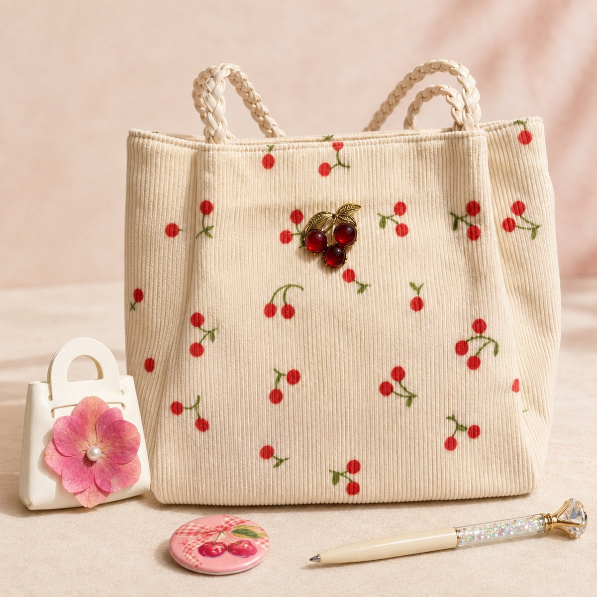 Vintage Vibe Cherry Print Corduroy Handbag Bundle