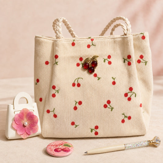 Vintage Vibe Cherry Print Corduroy Handbag Bundle
