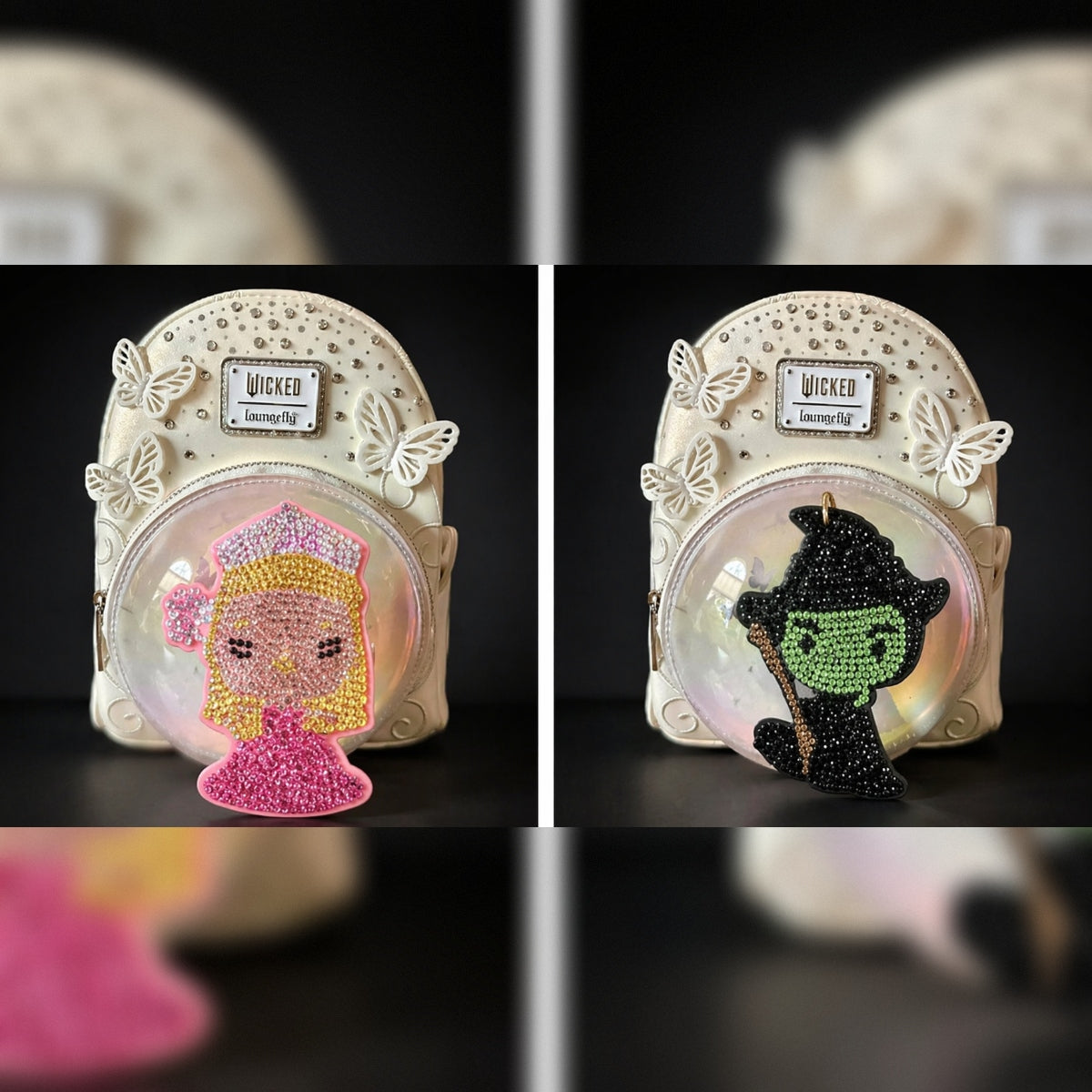 The left panel shows a Glinda figure in pink rhinestones, and the right panel shows Elphaba as a black-robed witch figure with a green face.