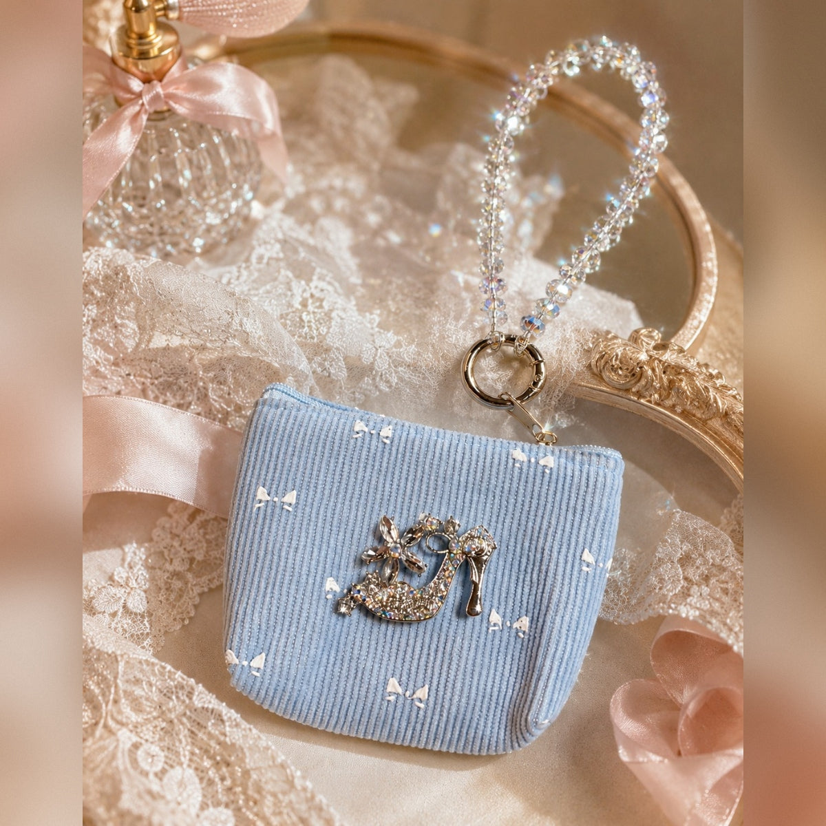 Blue Bow Coin Purse, Bling High Heel Brooch, Beaded Wristlet, Soft Corduroy Gift Pouch