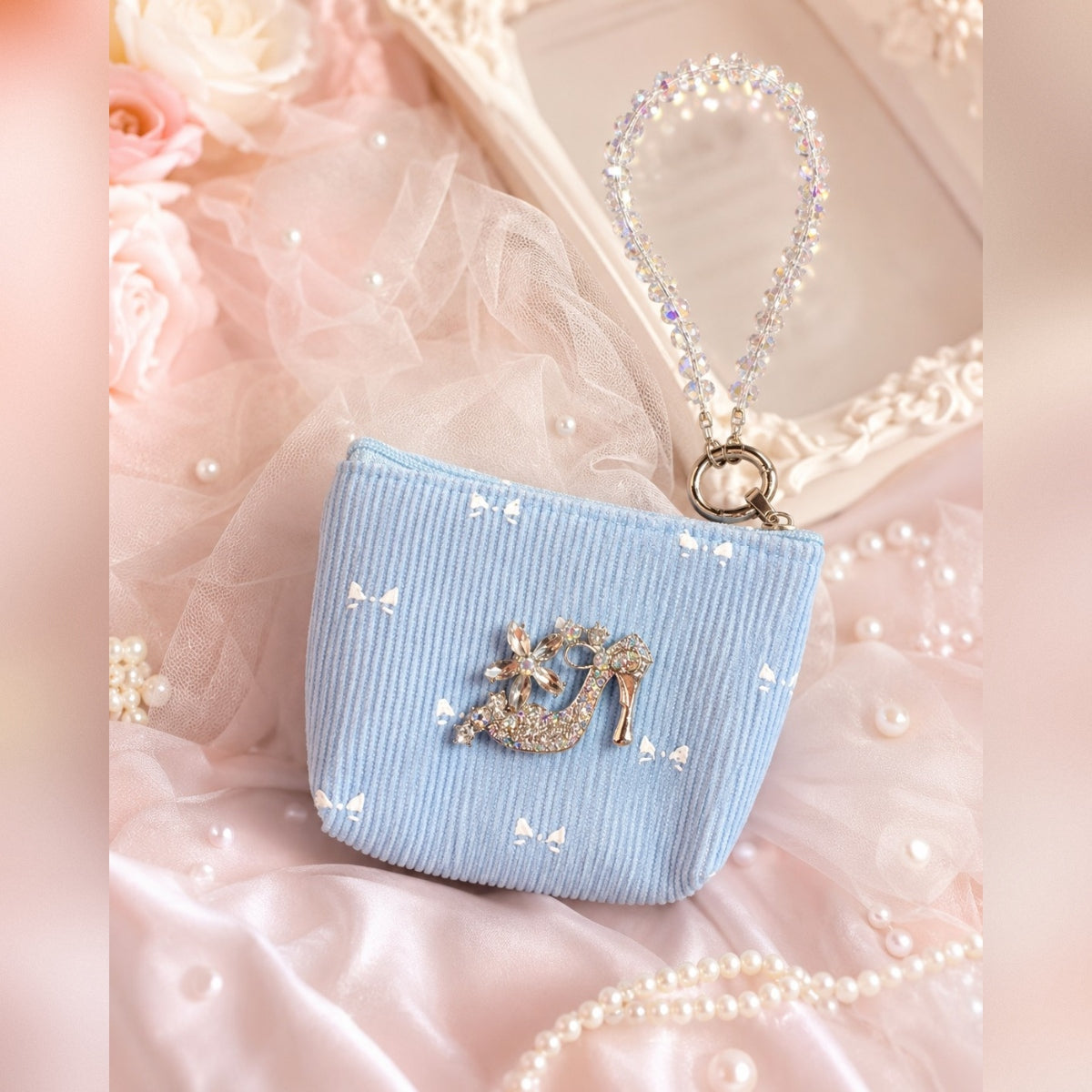 Blue Bow Coin Purse, Bling High Heel Brooch, Beaded Wristlet, Soft Corduroy Gift Pouch