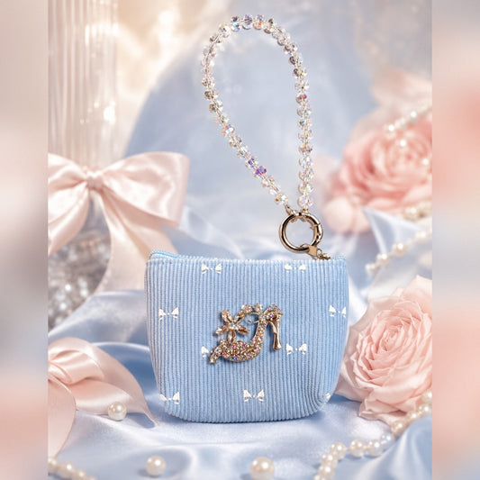 Blue Bow Coin Purse, Bling High Heel Brooch, Beaded Wristlet, Soft Corduroy Gift Pouch