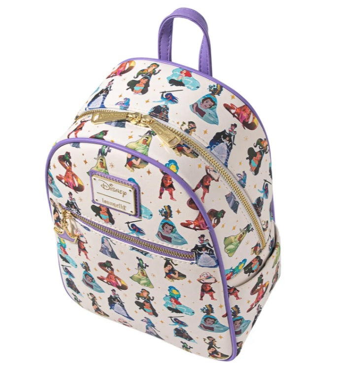 Loungefly Disney Princess All Over Print Mini Backpack White Purple Trim NWT