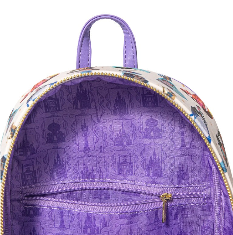 Loungefly Disney Princess All Over Print Mini Backpack White Purple Trim NWT