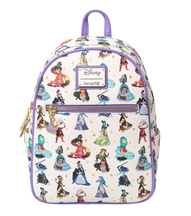 Loungefly Disney Princess All Over Print Mini Backpack White Purple Trim NWT
