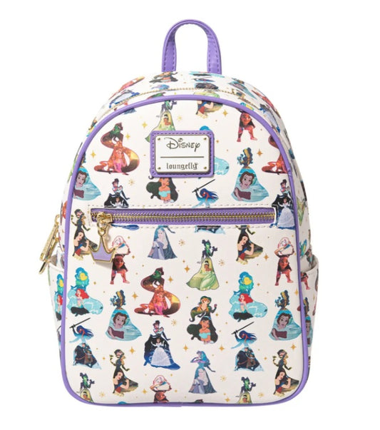 Loungefly Disney Princess All Over Print Mini Backpack White Purple Trim NWT