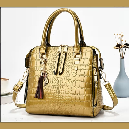 Glossy Croc Embossed Satchel Purse Crossbody Bag Tassel Multiple Colors