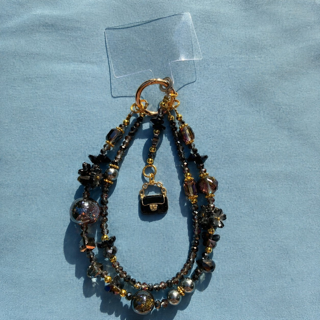Black and Gold Beaded Purse and Phone Chain with Mini Purse Charm