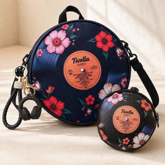 Floral Record Convertible Purse Set with Coin Purse and Rhinestone Headphone Charm