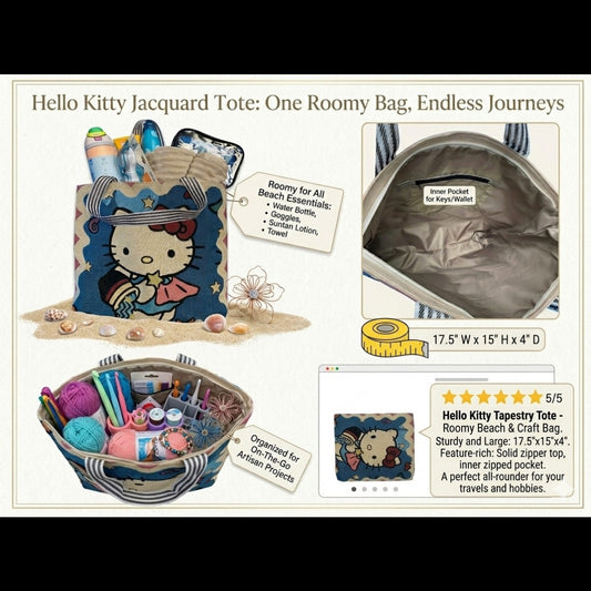 Hello Kitty Tapestry Tote Bag Large Woven Jacquard Beach Craft Zipper Travel 17.5x15x4