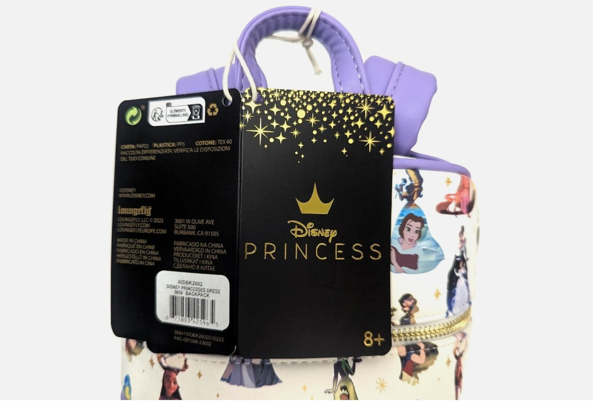 Loungefly Disney Princess All Over Print Mini Backpack White Purple Trim NWT
