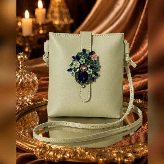 Mint Green Jeweled Crossbody, Vintage Vibe, Hand Embellished Purse, discounted