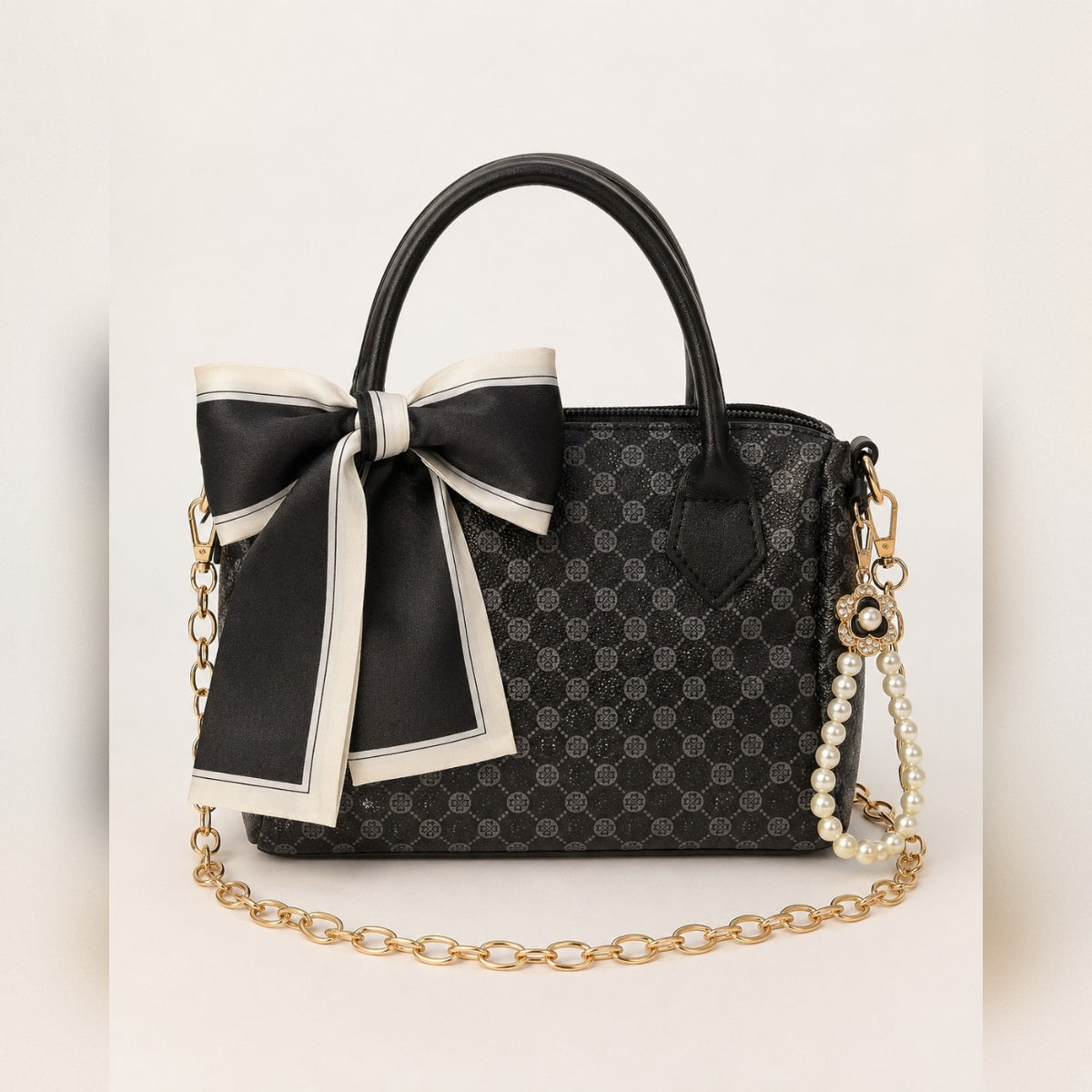 Black Patterned Barrel Crossbody Purse Cream Scarf Pearl Loop Golden Chain