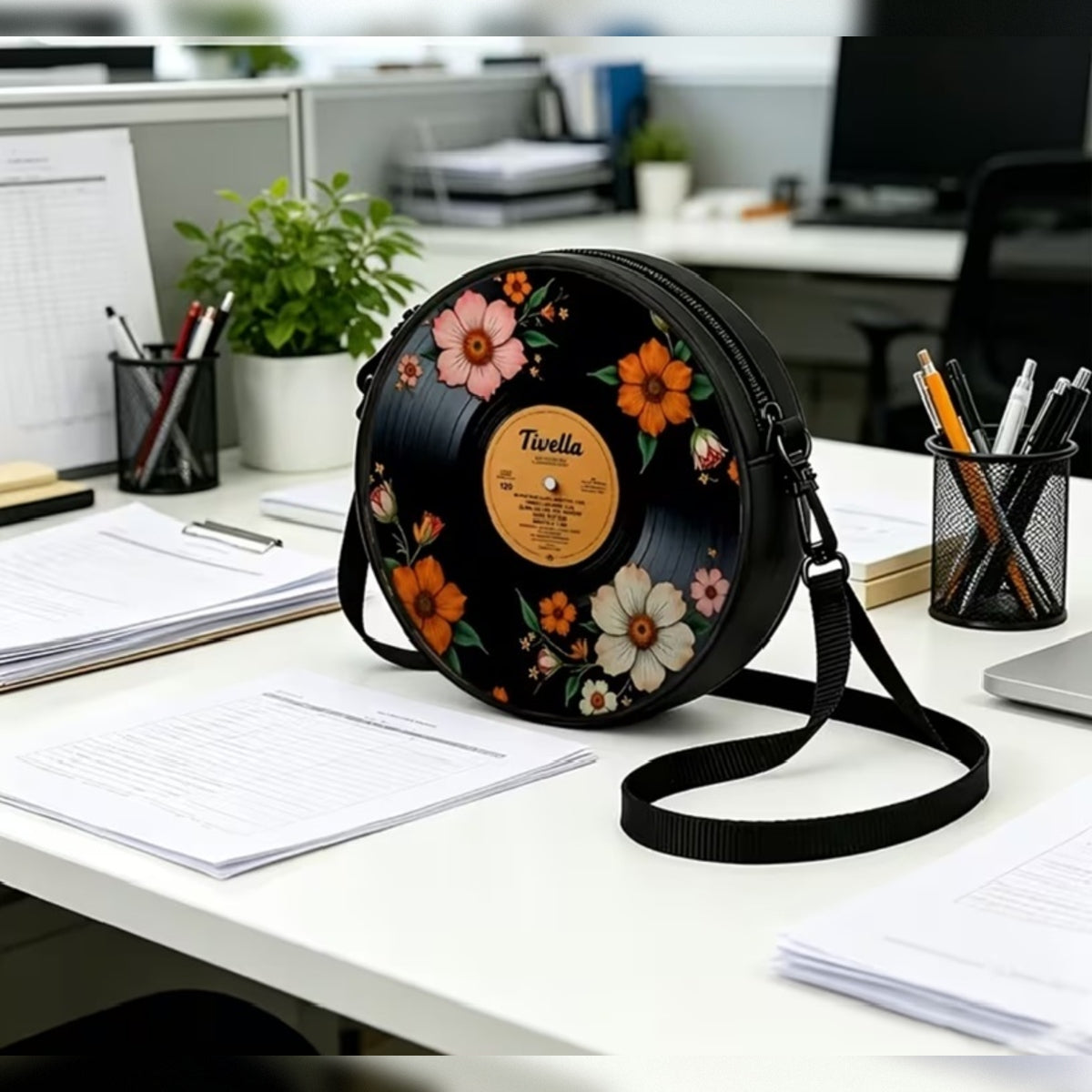 Floral Record Convertible Purse Set with Coin Purse and Rhinestone Headphone Charm