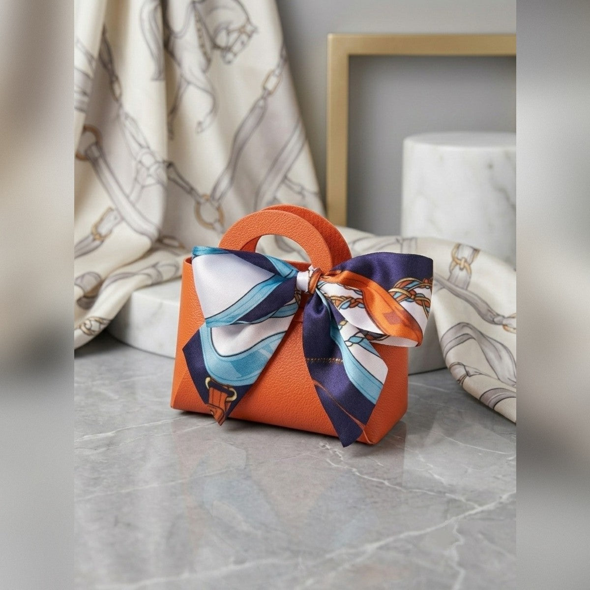 Mini Purse Bag Charm, Faux Leather Handbag Keychain, Silky Scarf Bow Accessory