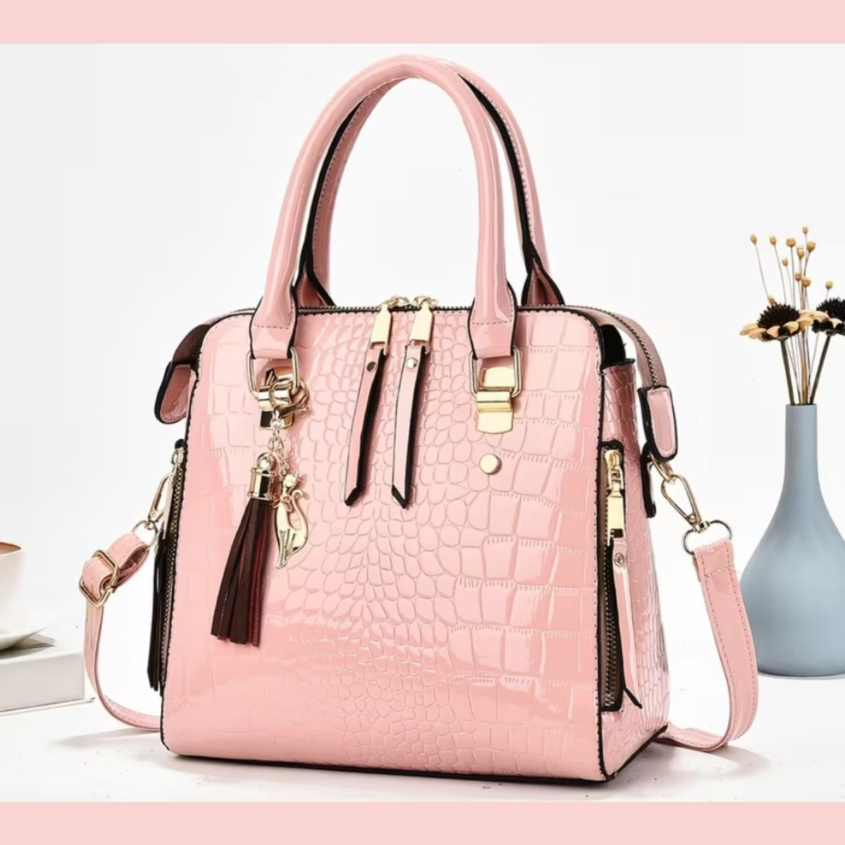 Glossy Croc Embossed Satchel Purse Crossbody Bag Tassel Multiple Colors
