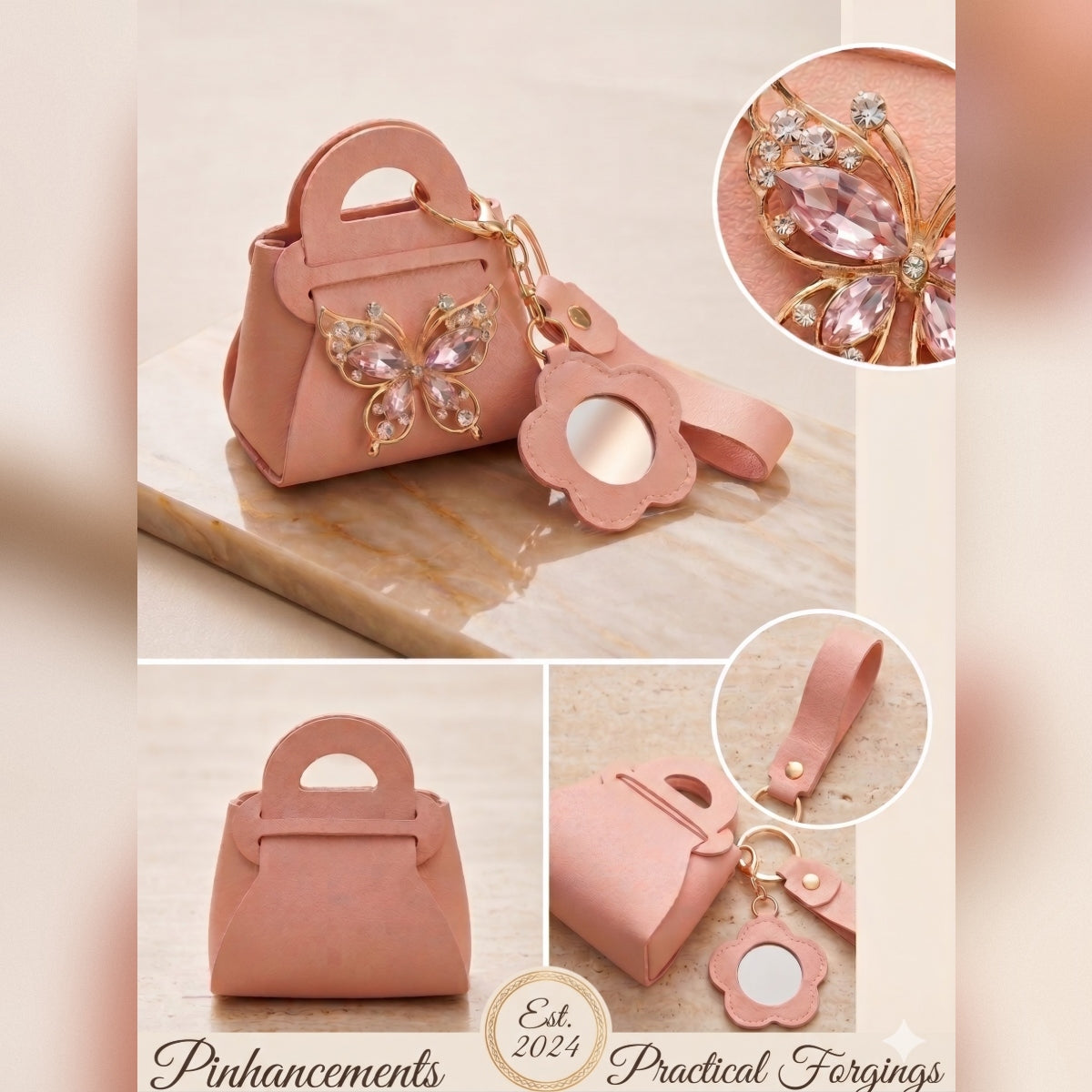Pink Mini Handbag with Butterfly and Flower Mirror, Luxury Crystal Handbag Keychain Accessory
