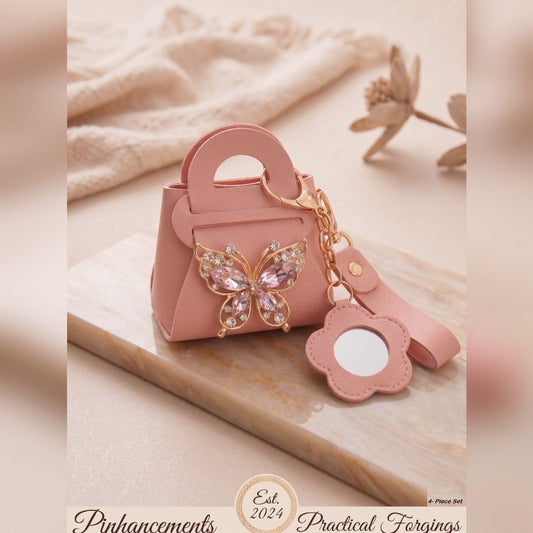 Pink Mini Handbag with Butterfly and Flower Mirror, Luxury Crystal Handbag Keychain Accessory