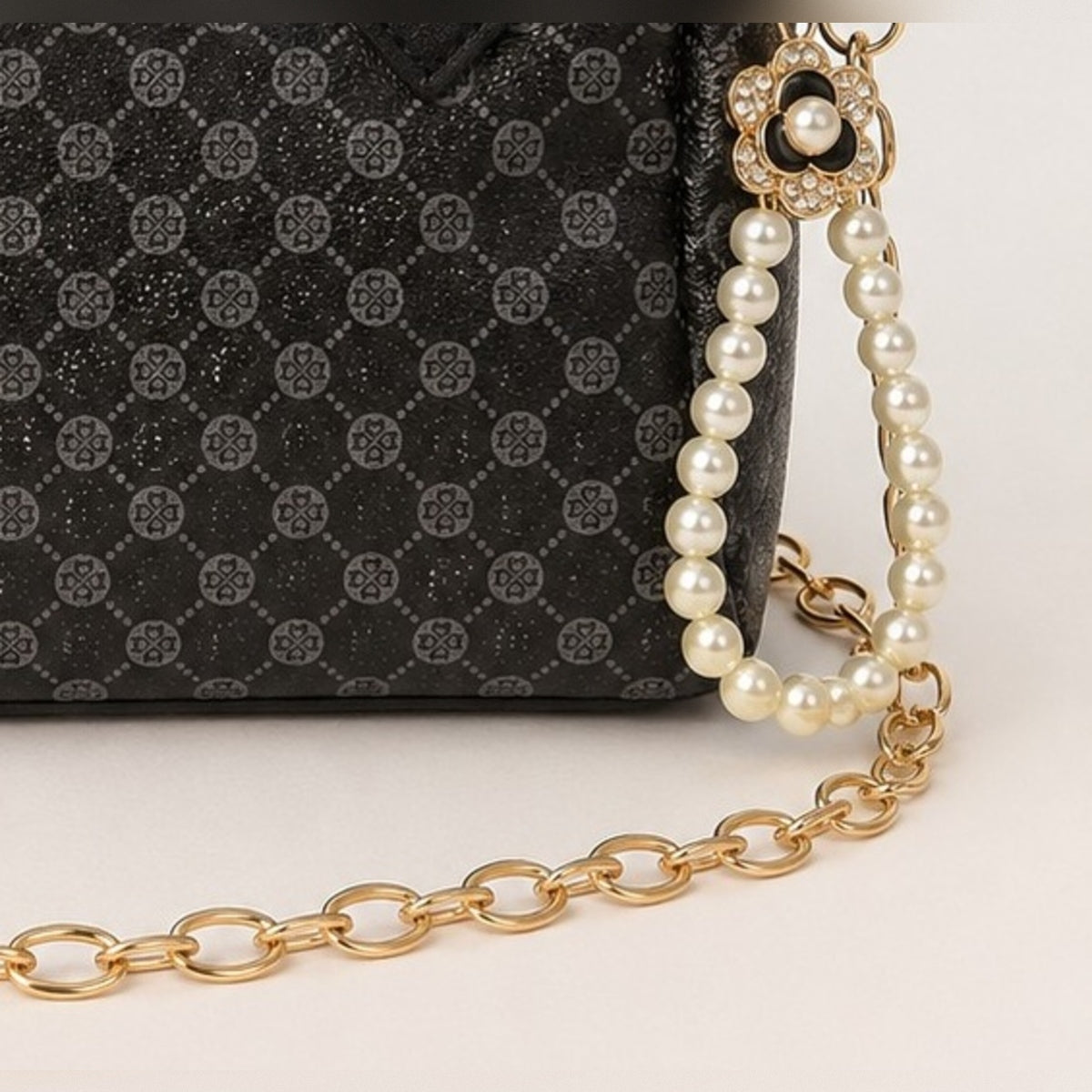 Black Patterned Barrel Crossbody Purse Cream Scarf Pearl Loop Golden Chain
