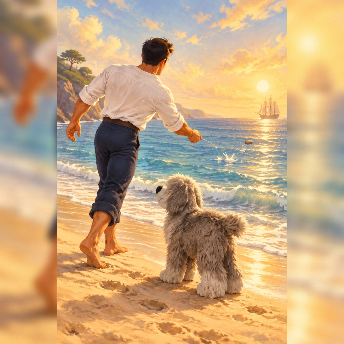 A man in a white shirt and dark trousers walks barefoot on a sandy beach beside a fluffy gray Max sheepdog plush, looking out toward the ocean at sunset. The scene is warm and golden, with waves, cliffs, and a distant ship visible.