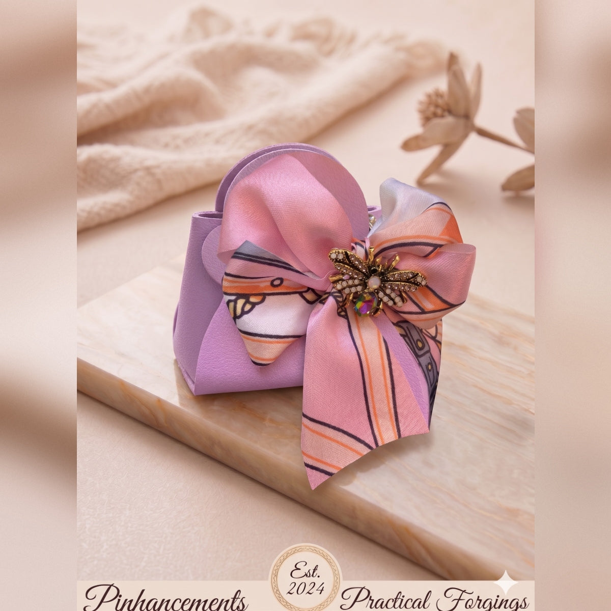 Purple Mini Handbag with Silky Scarf Accent and Rhinestone Bee, Luxury Keychain Accessory