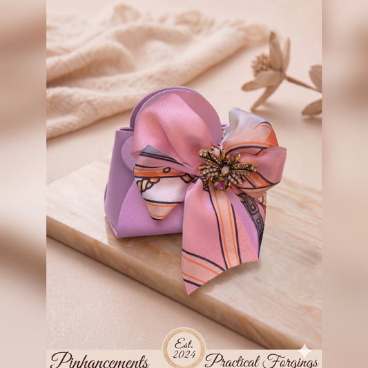Purple Mini Handbag with Silky Scarf Accent and Rhinestone Bee, Luxury Keychain Accessory